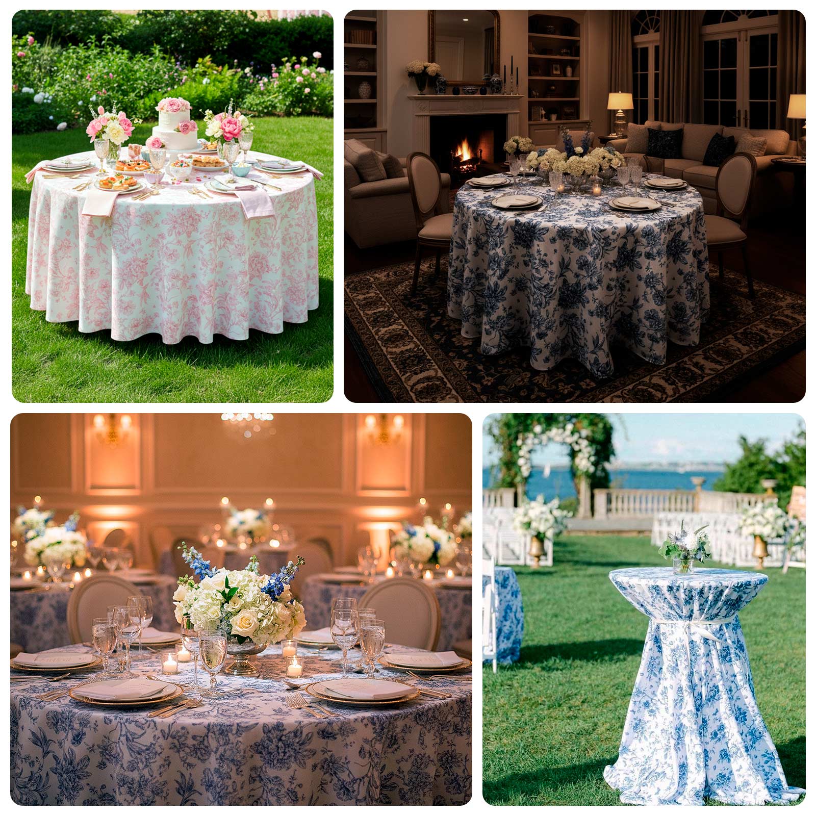 Polyester 120" Round Tablecloth White - Dusty Sage Green French Toile Pattern for Chic Weddings - Bell Racket Store