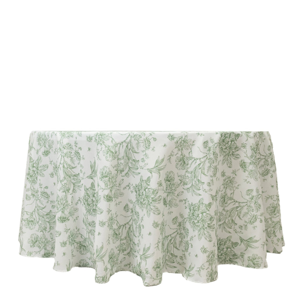 Polyester 120" Round Tablecloth White - Dusty Sage Green French Toile Pattern for Chic Weddings - Bell Racket Store