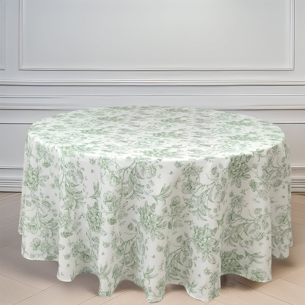 Polyester 120" Round Tablecloth White - Dusty Sage Green French Toile Pattern for Chic Weddings - Bell Racket Store