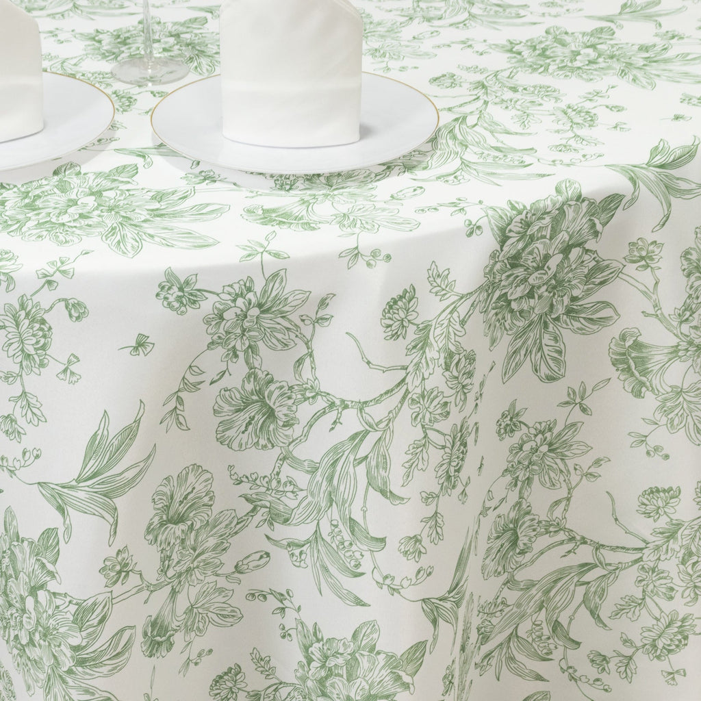 Polyester 120" Round Tablecloth White - Dusty Sage Green French Toile Pattern for Chic Weddings - Bell Racket Store