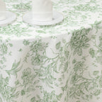 Polyester 120" Round Tablecloth White - Dusty Sage Green French Toile Pattern for Chic Weddings - Bell Racket Store