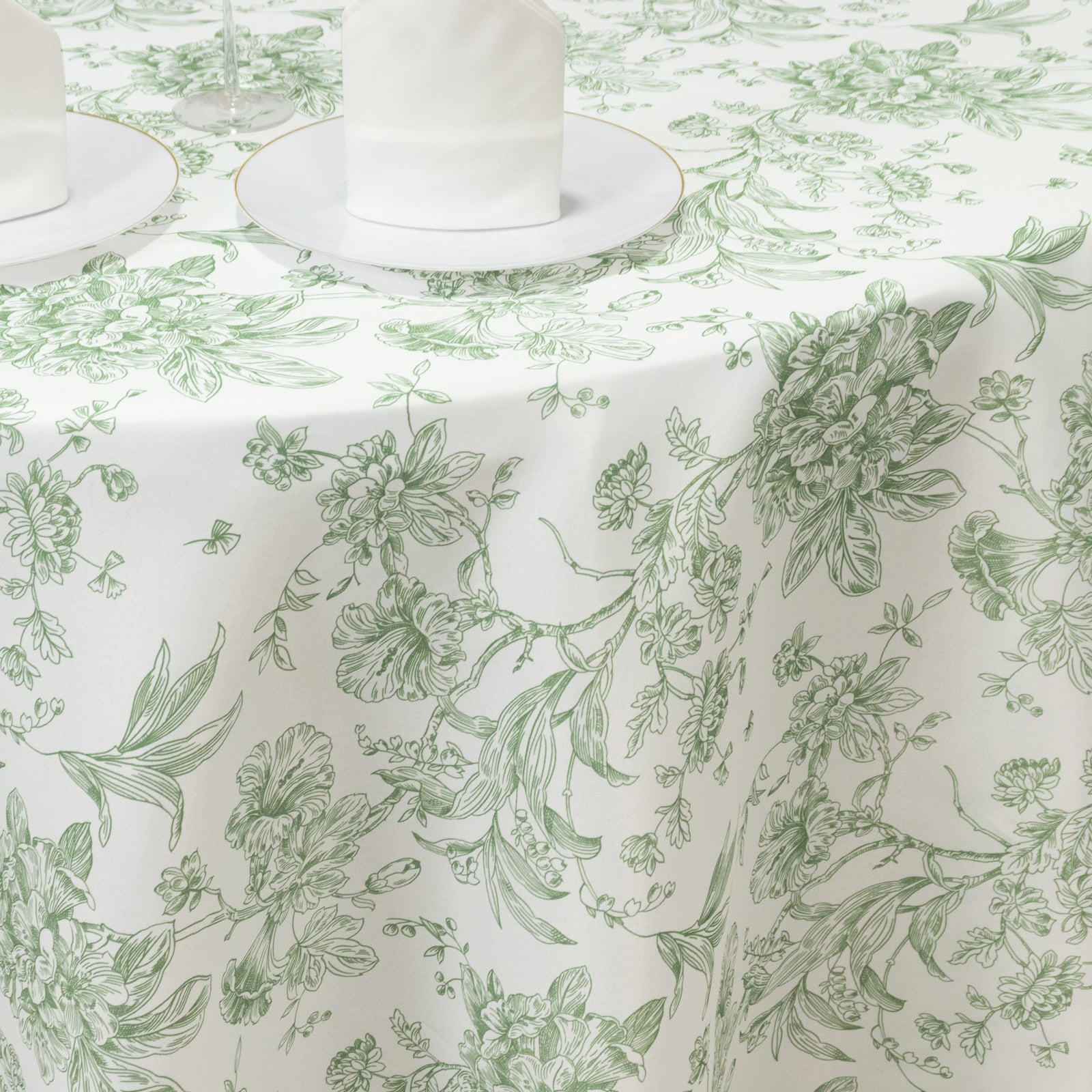 Polyester 120" Round Tablecloth White - Dusty Sage Green French Toile Pattern for Chic Weddings - Bell Racket Store
