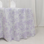 Polyester 120" Round Tablecloth White - Lavender Lilac French Toile Pattern for Chic Weddings - Bell Racket Store