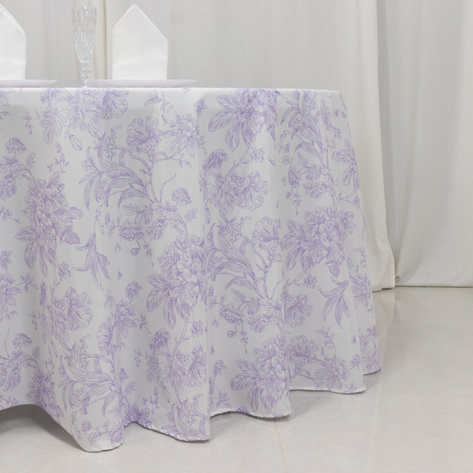 Polyester 120" Round Tablecloth White - Lavender Lilac French Toile Pattern for Chic Weddings - Bell Racket Store