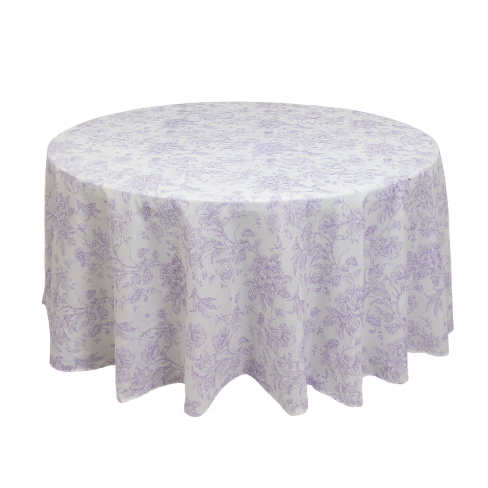 Polyester 120" Round Tablecloth White - Lavender Lilac French Toile Pattern for Chic Weddings - Bell Racket Store