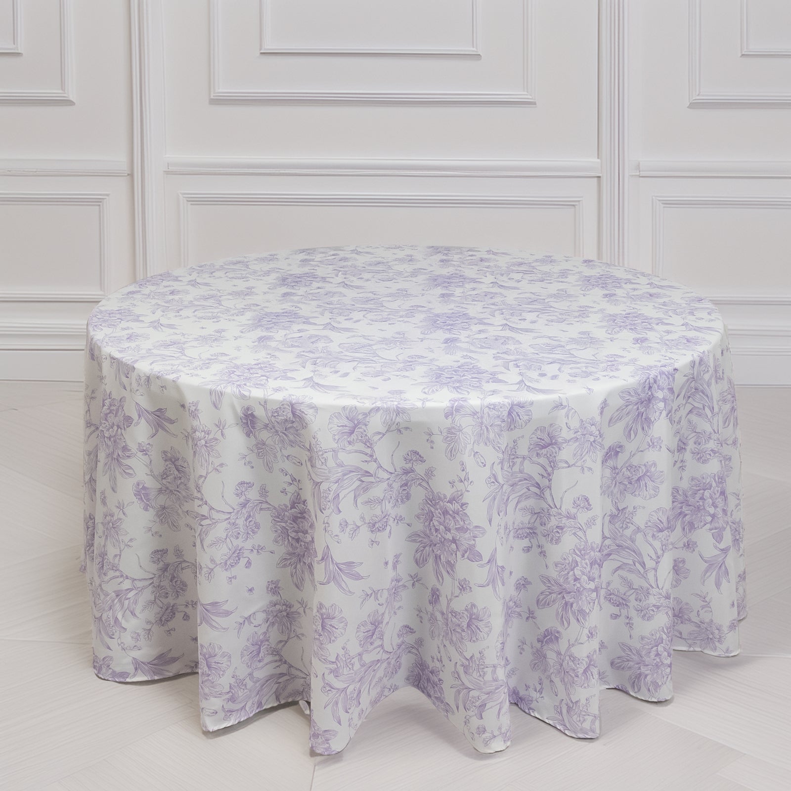 Polyester 120" Round Tablecloth White - Lavender Lilac French Toile Pattern for Chic Weddings - Bell Racket Store