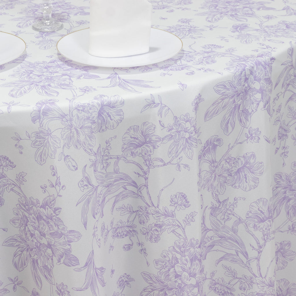 Polyester 120" Round Tablecloth White - Lavender Lilac French Toile Pattern for Chic Weddings - Bell Racket Store