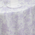 Polyester 120" Round Tablecloth White - Lavender Lilac French Toile Pattern for Chic Weddings - Bell Racket Store