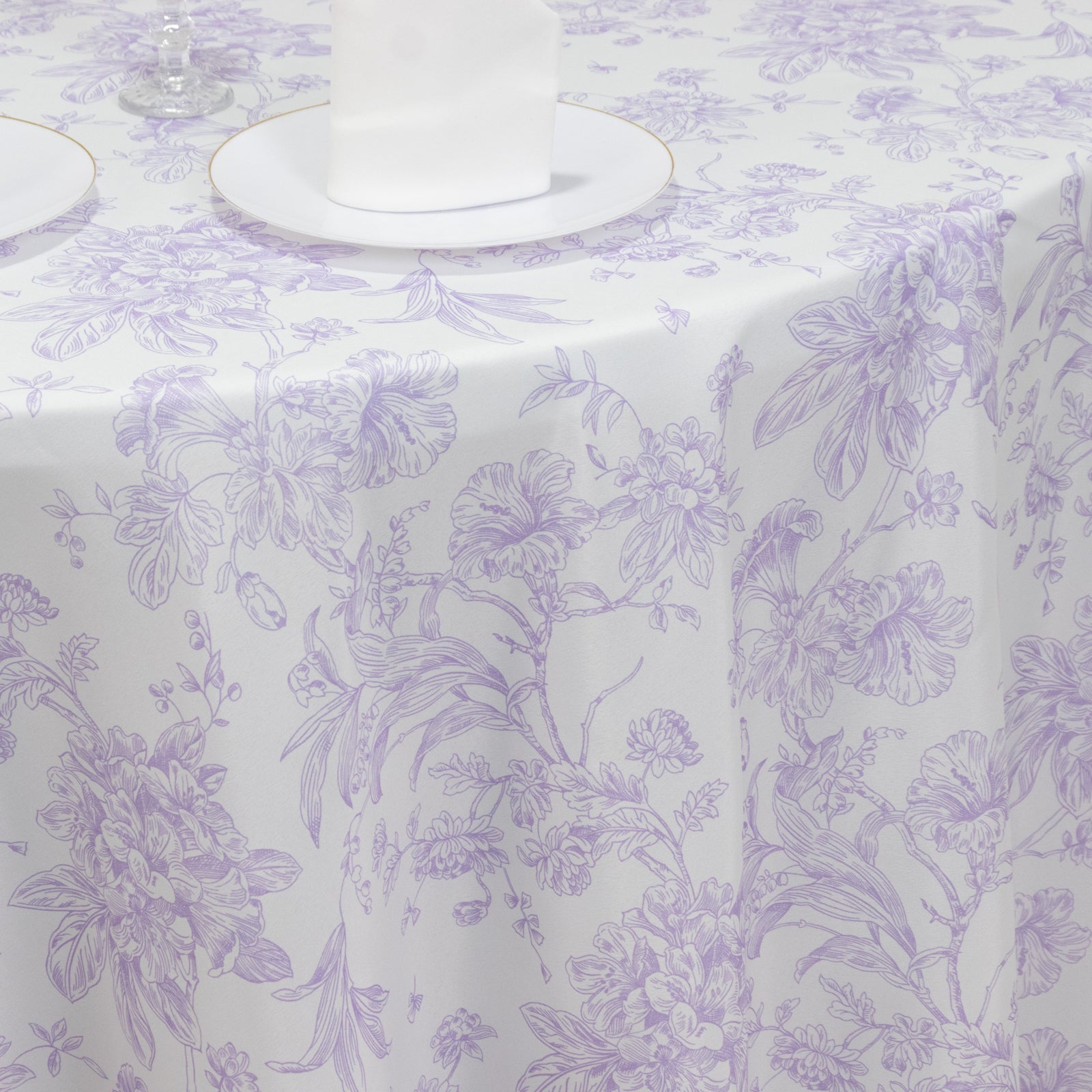 Polyester 120" Round Tablecloth White - Lavender Lilac French Toile Pattern for Chic Weddings - Bell Racket Store