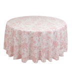 Polyester 120" Round Tablecloth White - Pink French Toile Pattern for Stylish Events - Bell Racket Store