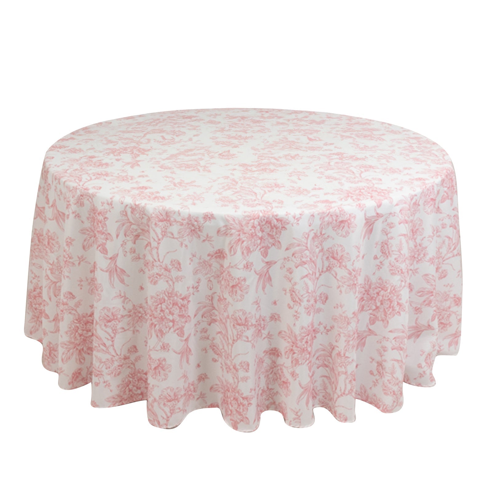 Polyester 120" Round Tablecloth White - Pink French Toile Pattern for Stylish Events - Bell Racket Store