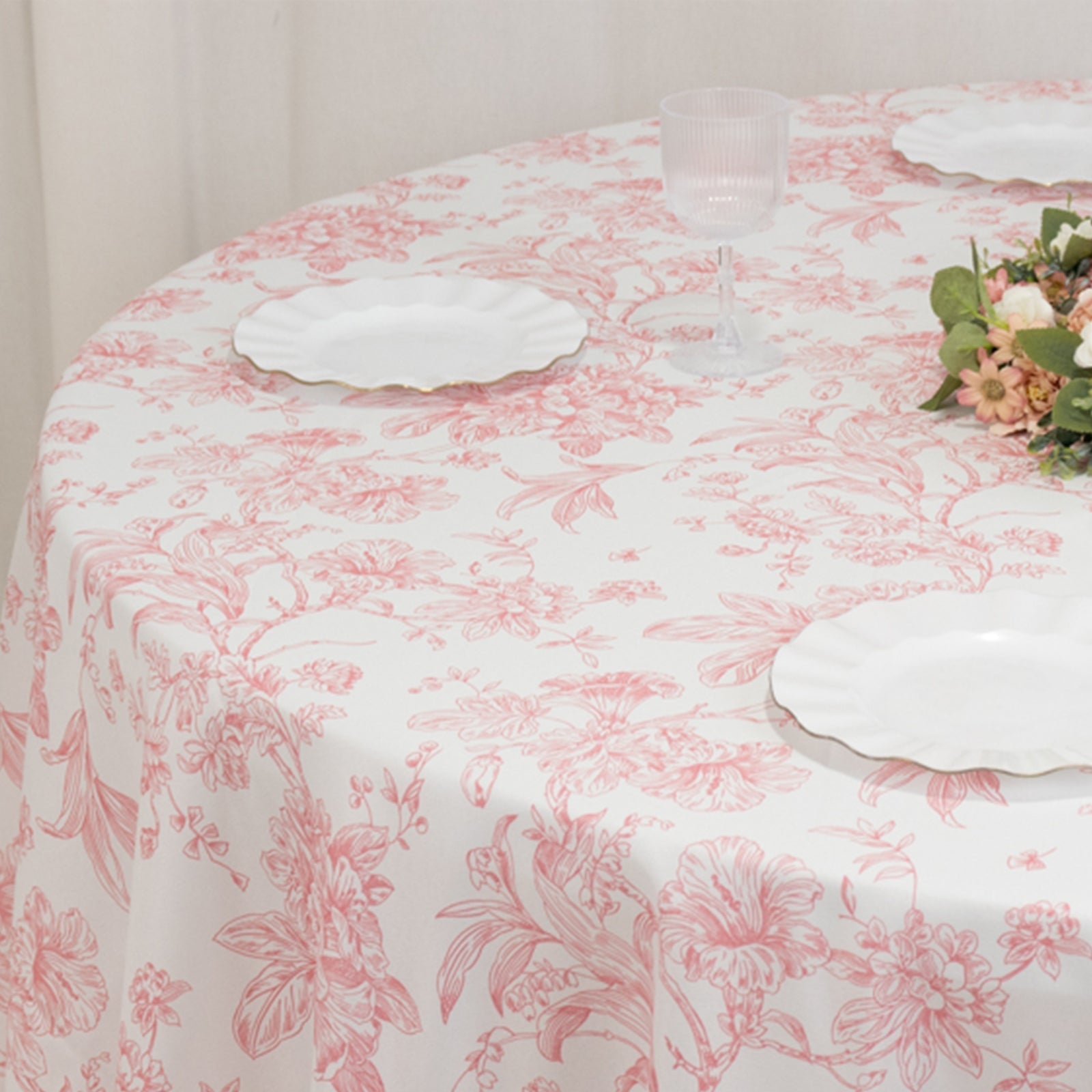 Polyester 120" Round Tablecloth White - Pink French Toile Pattern for Stylish Events - Bell Racket Store
