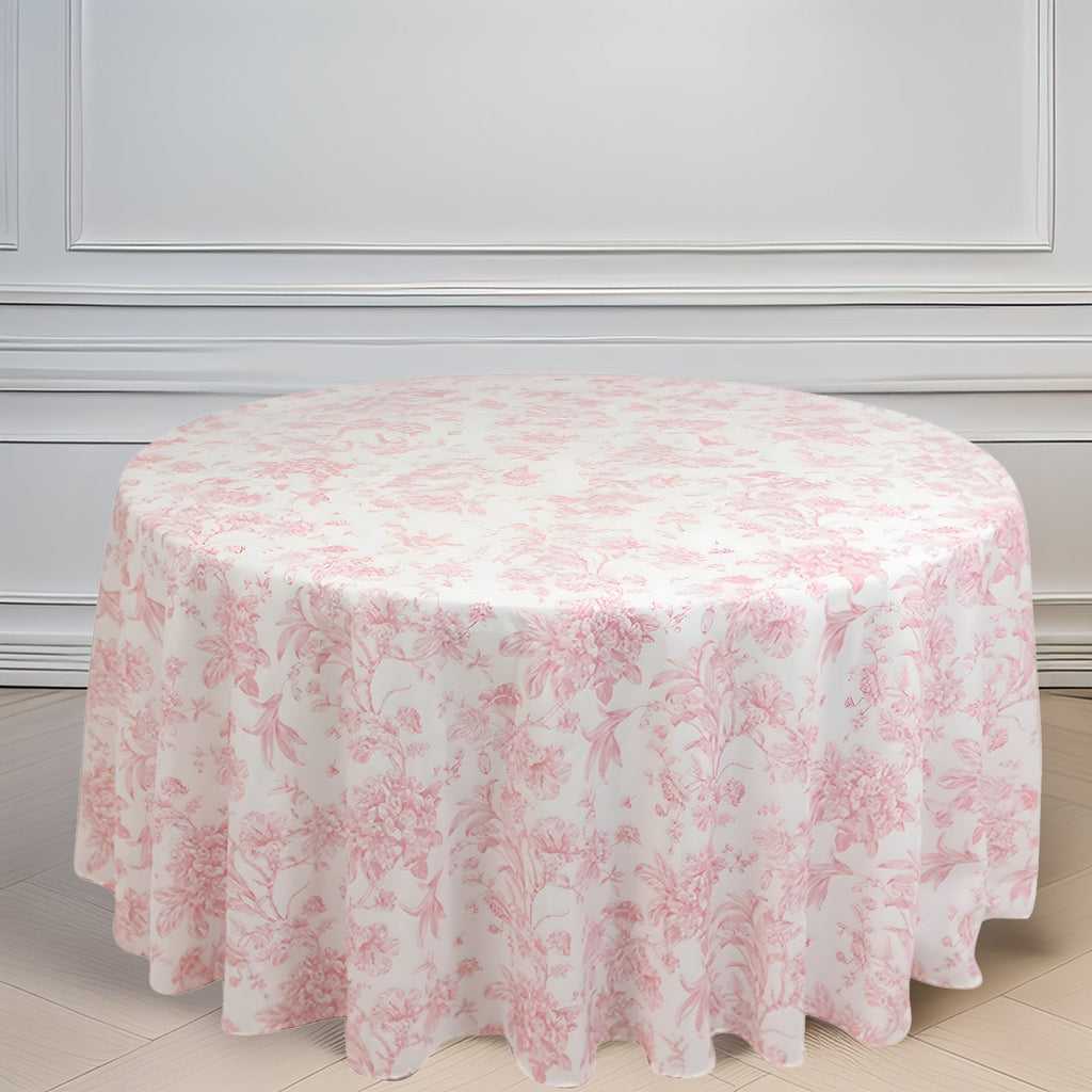 Polyester 120" Round Tablecloth White - Pink French Toile Pattern for Stylish Events - Bell Racket Store