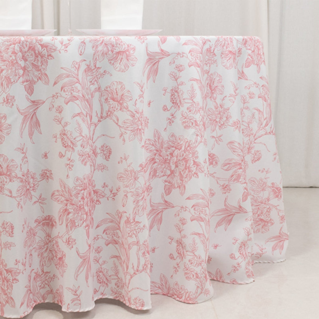 Polyester 120" Round Tablecloth White - Pink French Toile Pattern for Stylish Events - Bell Racket Store