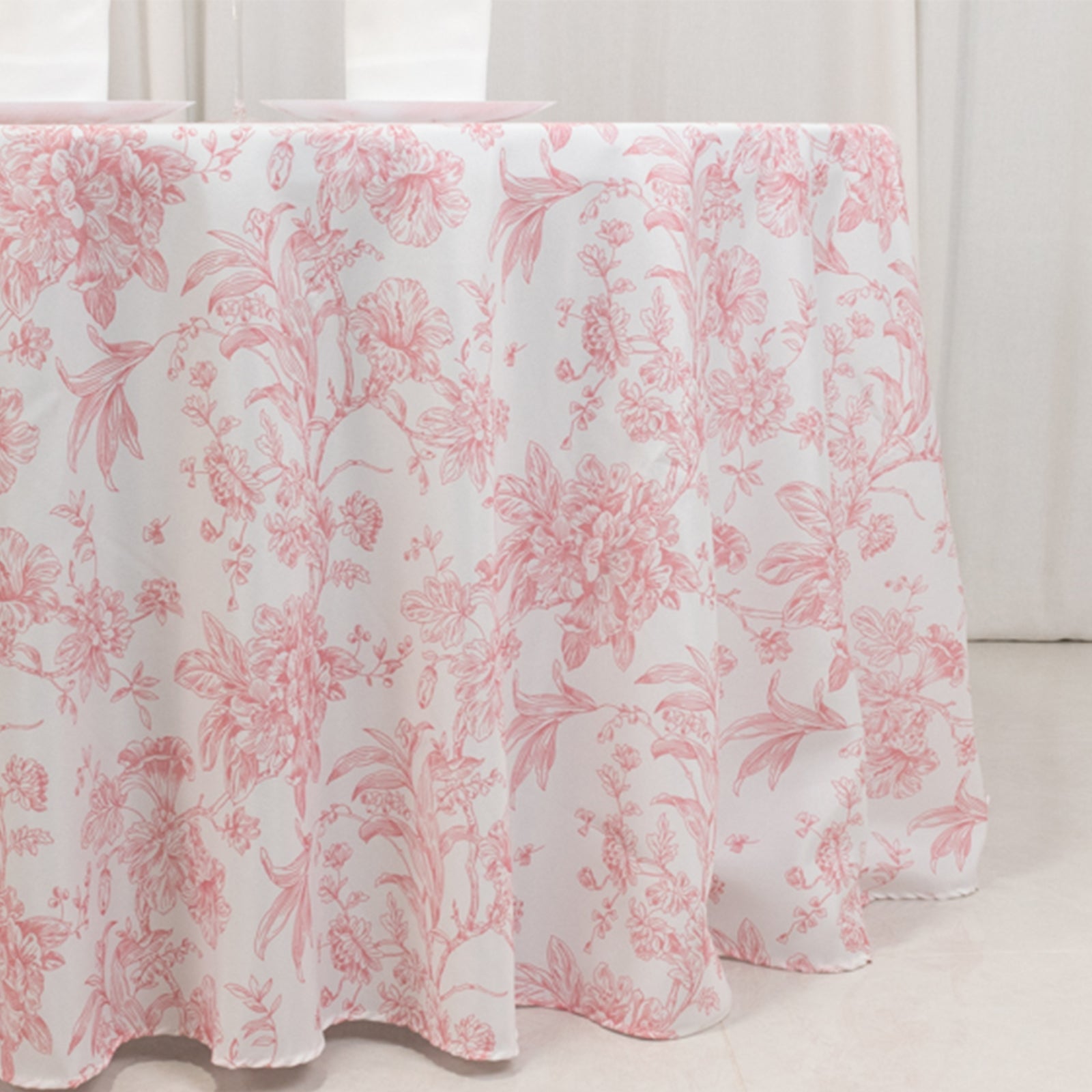 Polyester 120" Round Tablecloth White - Pink French Toile Pattern for Stylish Events - Bell Racket Store