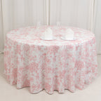 Polyester 120" Round Tablecloth White - Pink French Toile Pattern for Stylish Events - Bell Racket Store