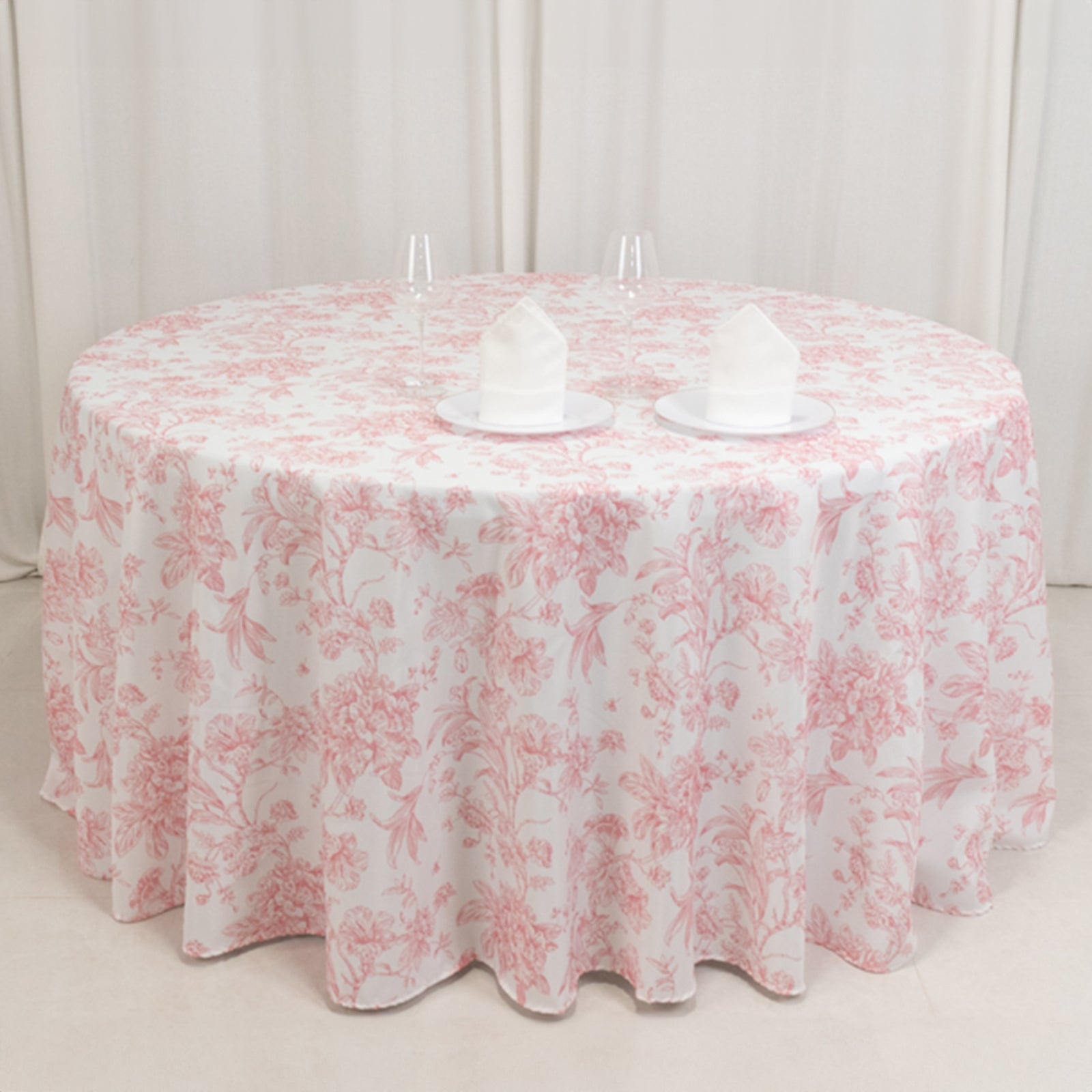 Polyester 120" Round Tablecloth White - Pink French Toile Pattern for Stylish Events - Bell Racket Store