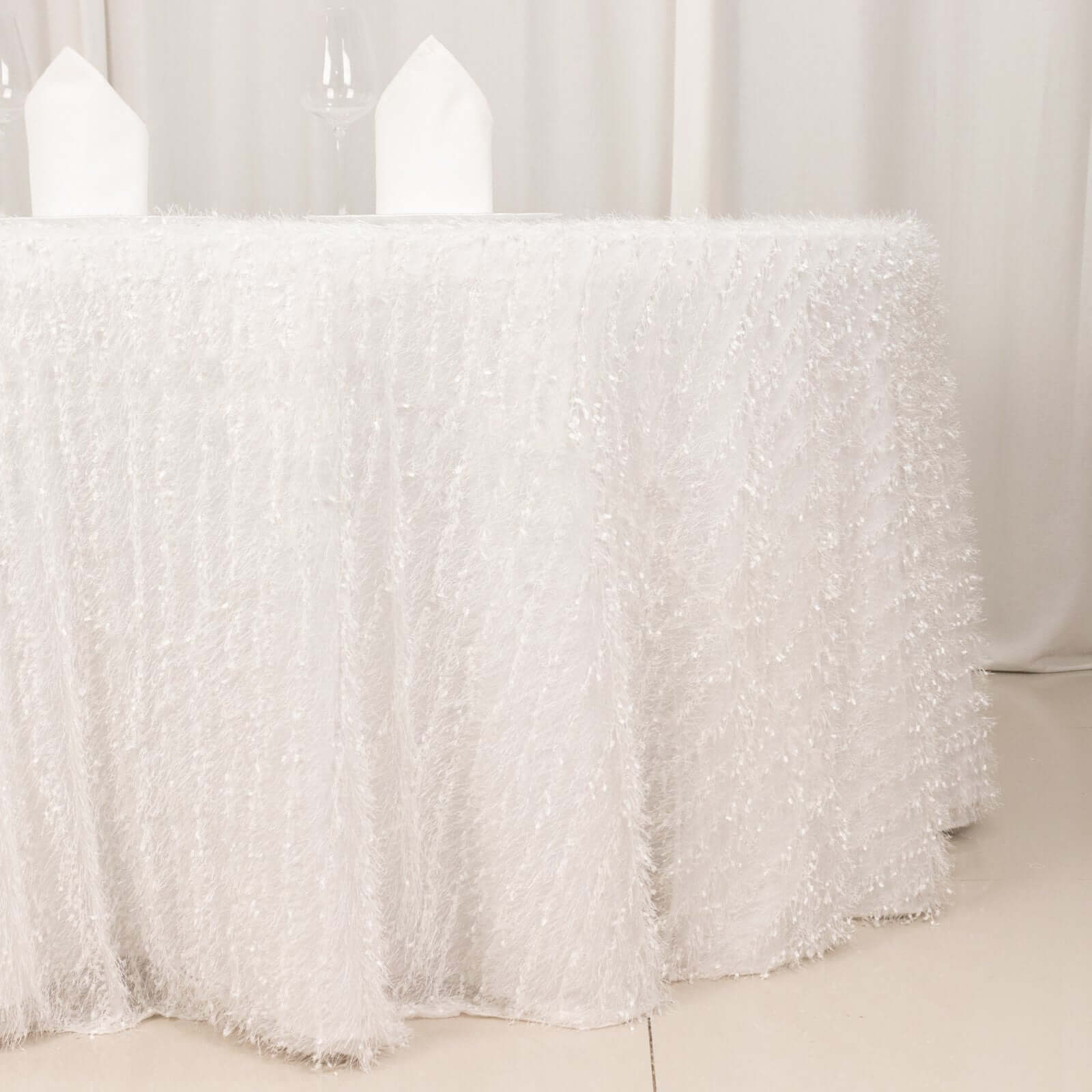 Polyester 120" Round Tablecloth White with Shaggy Fringe Design - Exquisite Table Cover - Bell Racket Store