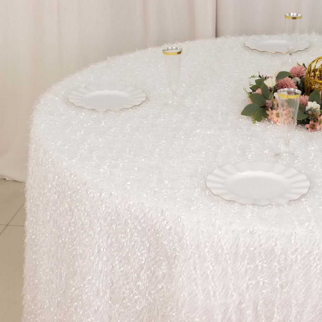 Polyester 120" Round Tablecloth White with Shaggy Fringe Design - Exquisite Table Cover - Bell Racket Store