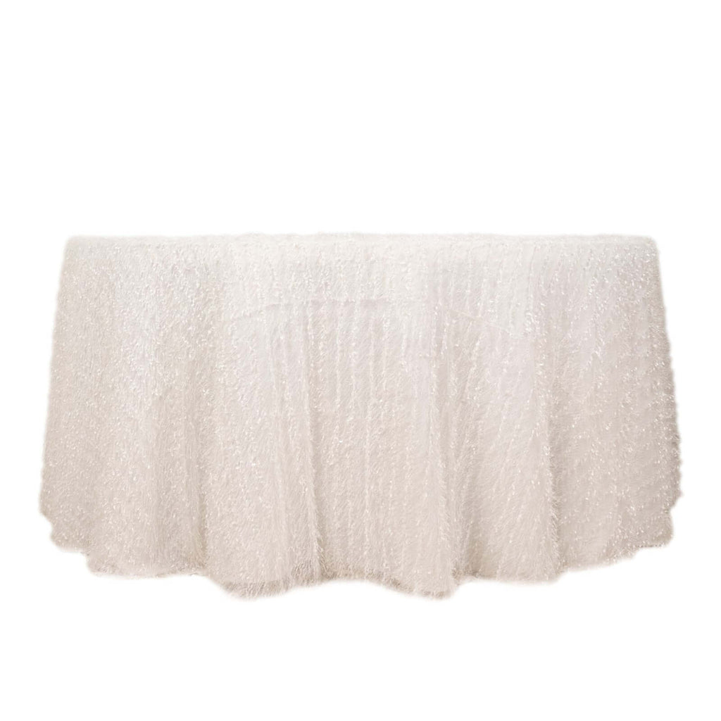 Polyester 120" Round Tablecloth White with Shaggy Fringe Design - Exquisite Table Cover - Bell Racket Store
