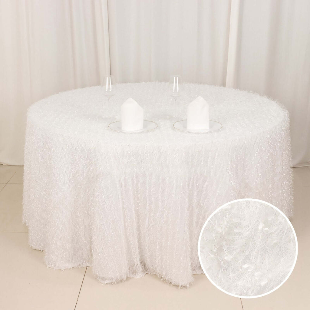Polyester 120" Round Tablecloth White with Shaggy Fringe Design - Exquisite Table Cover - Bell Racket Store