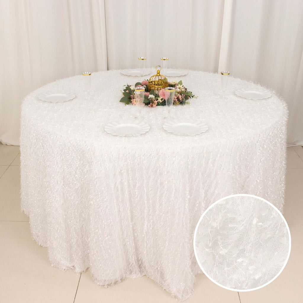 Polyester 120" Round Tablecloth White with Shaggy Fringe Design - Exquisite Table Cover - Bell Racket Store