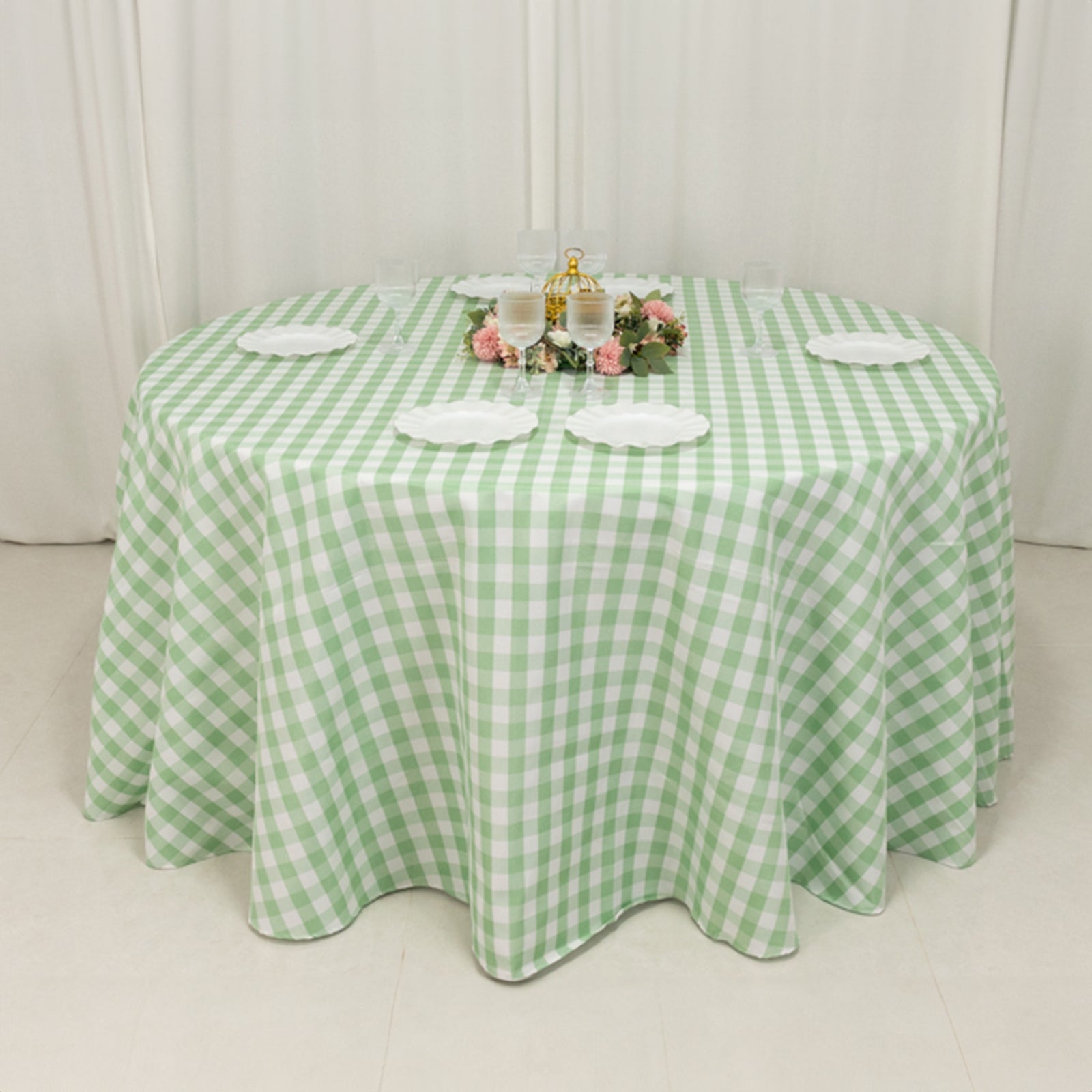 Polyester 120" Round Tablecloth White/Sage Green Seamless - Checkered Buffalo Plaid Table Cover - Bell Racket Store
