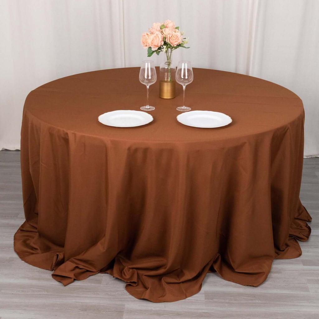 Polyester 132" Round Tablecloth Cinnamon Brown - Seamless Chic Table Cover - Bell Racket Store