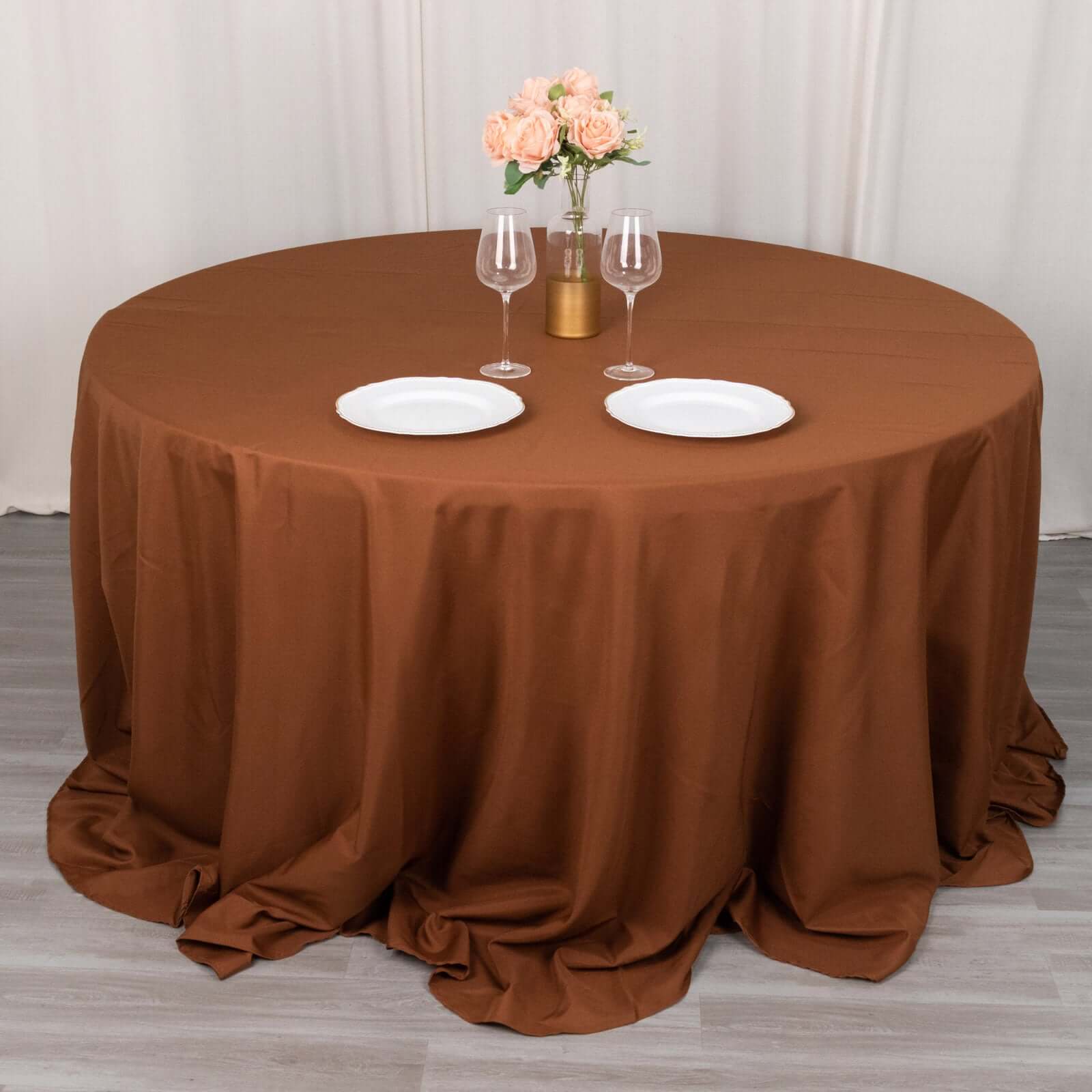Polyester 132" Round Tablecloth Cinnamon Brown - Seamless Chic Table Cover - Bell Racket Store