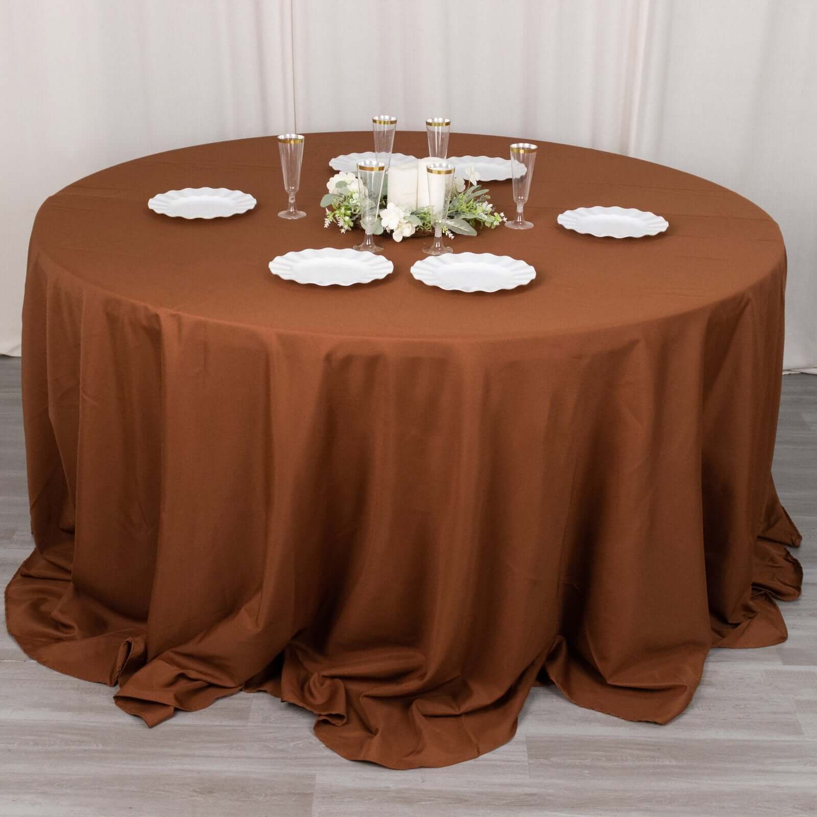 Polyester 132" Round Tablecloth Cinnamon Brown - Seamless Chic Table Cover - Bell Racket Store