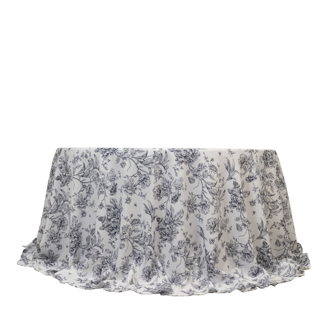 Polyester 132" Round Tablecloth White - Black French Toile Pattern for Chic Weddings - Bell Racket Store