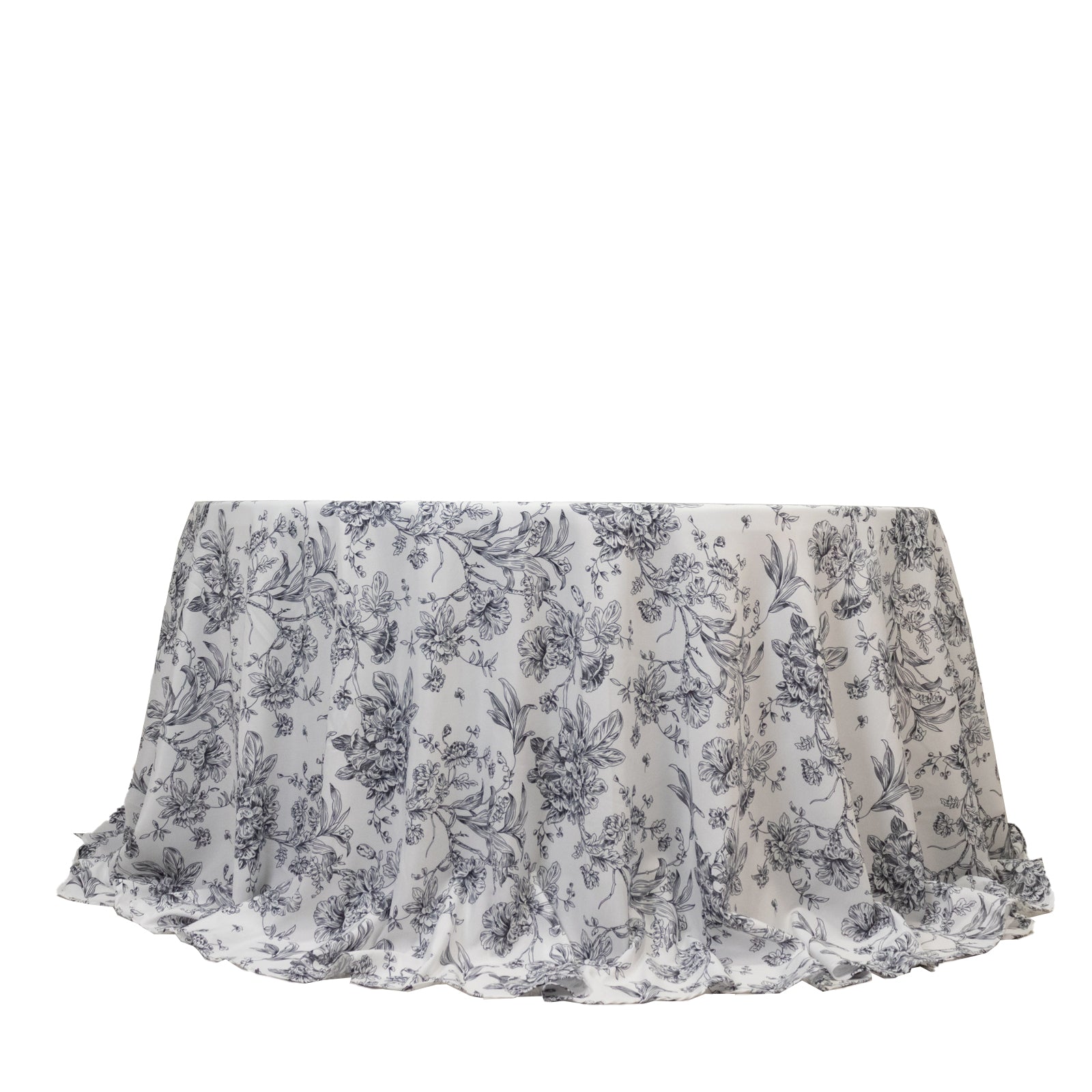 Polyester 132" Round Tablecloth White - Black French Toile Pattern for Chic Weddings - Bell Racket Store