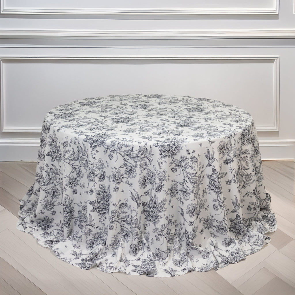 Polyester 132" Round Tablecloth White - Black French Toile Pattern for Chic Weddings - Bell Racket Store