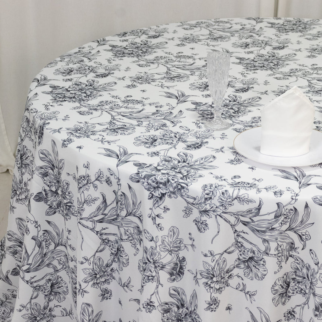 Polyester 132" Round Tablecloth White - Black French Toile Pattern for Chic Weddings - Bell Racket Store