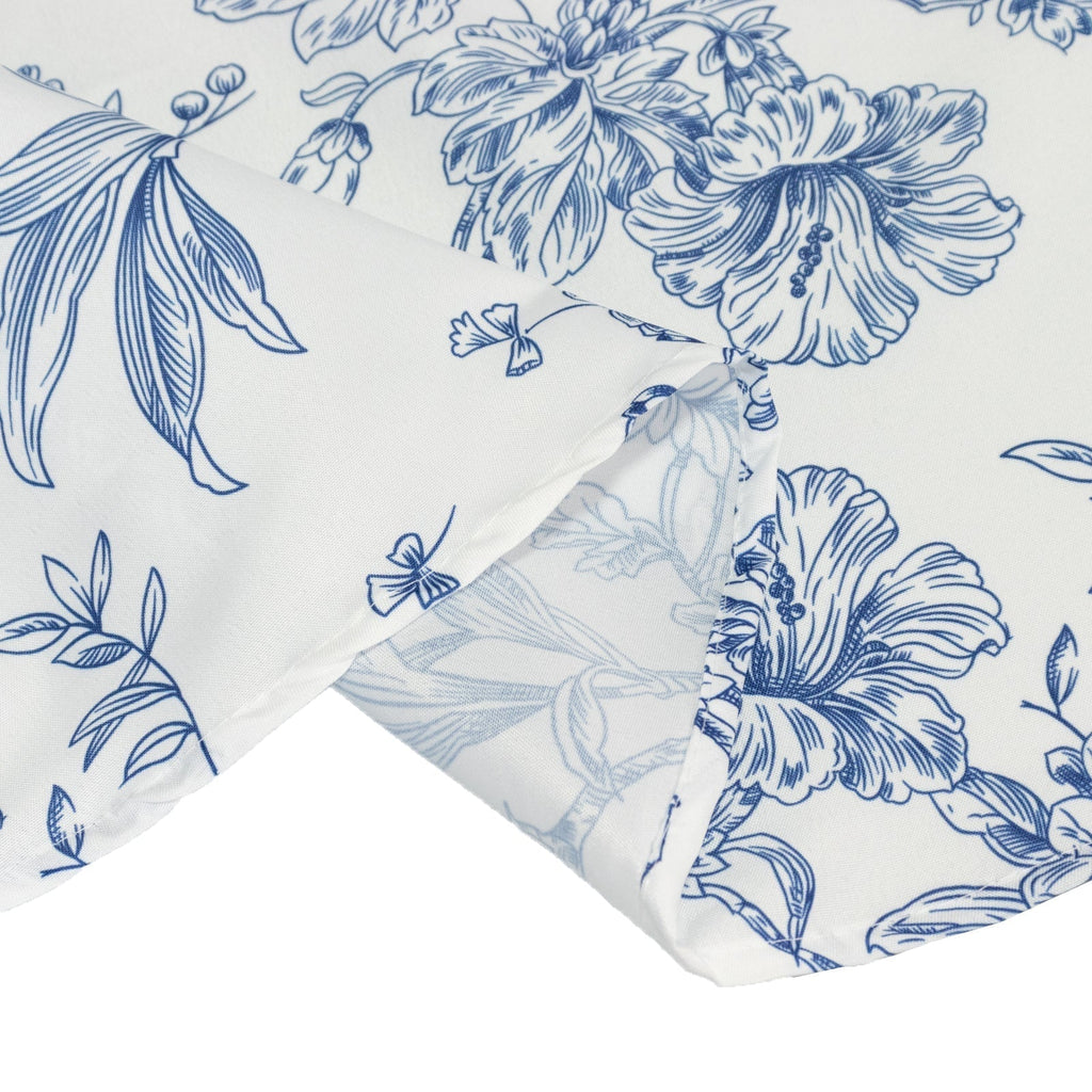 Polyester 132" Round Tablecloth White - Blue French Toile Pattern for Chic Weddings - Bell Racket Store