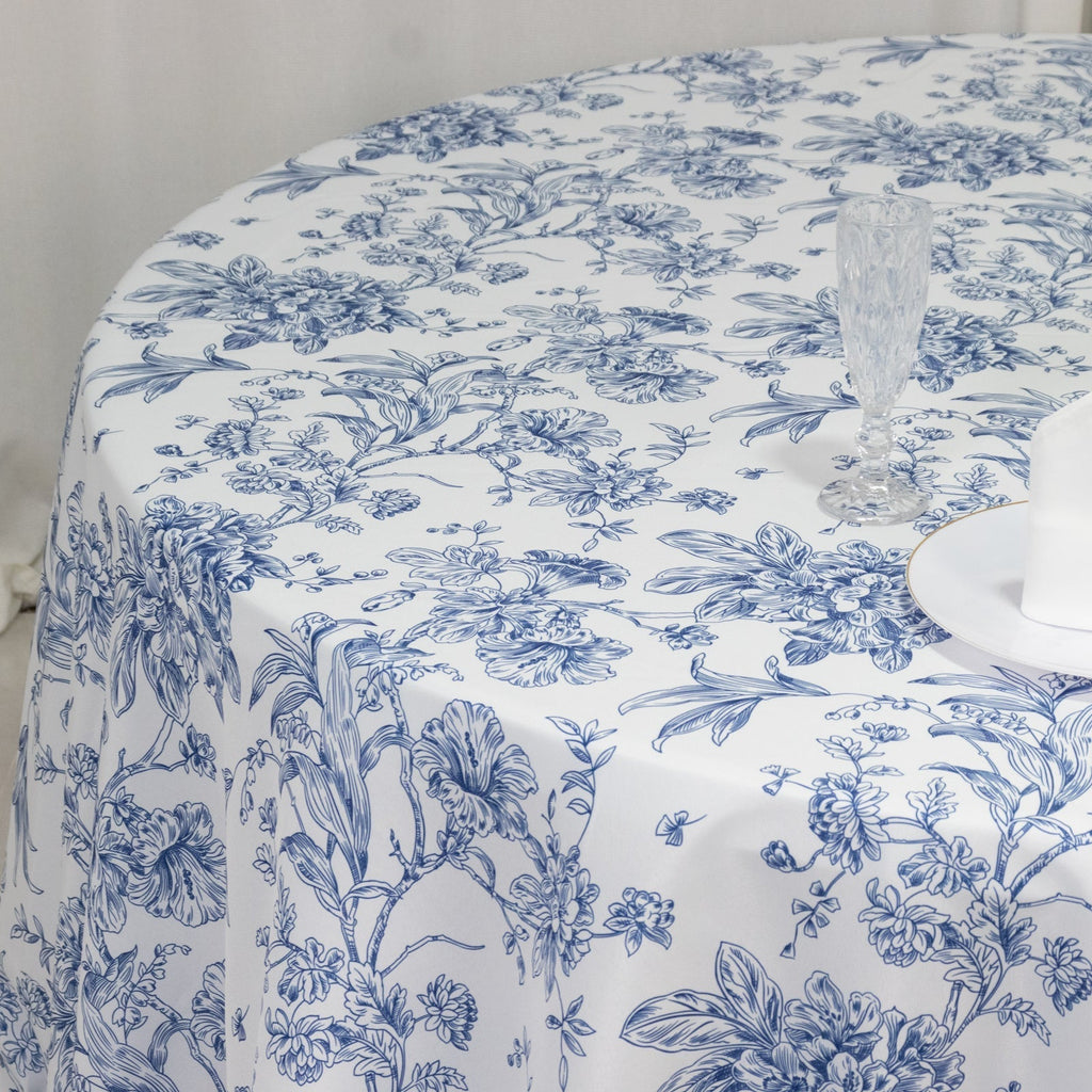 Polyester 132" Round Tablecloth White - Blue French Toile Pattern for Chic Weddings - Bell Racket Store