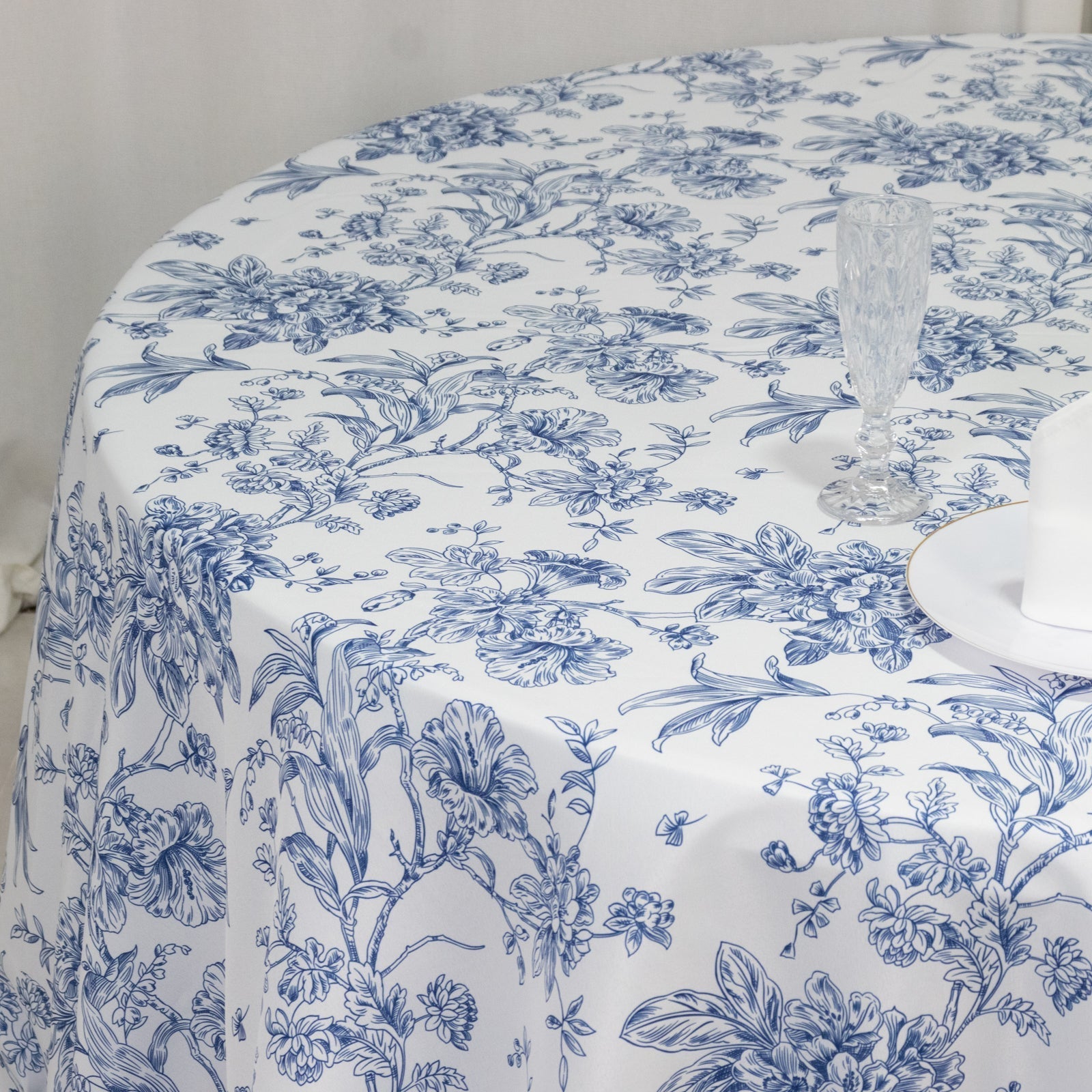 Polyester 132" Round Tablecloth White - Blue French Toile Pattern for Chic Weddings - Bell Racket Store