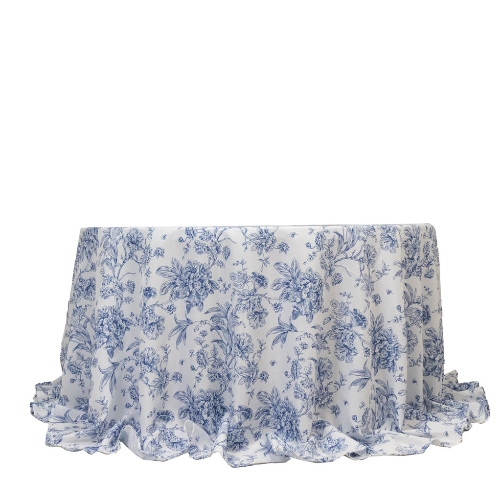 Polyester 132" Round Tablecloth White - Blue French Toile Pattern for Chic Weddings - Bell Racket Store
