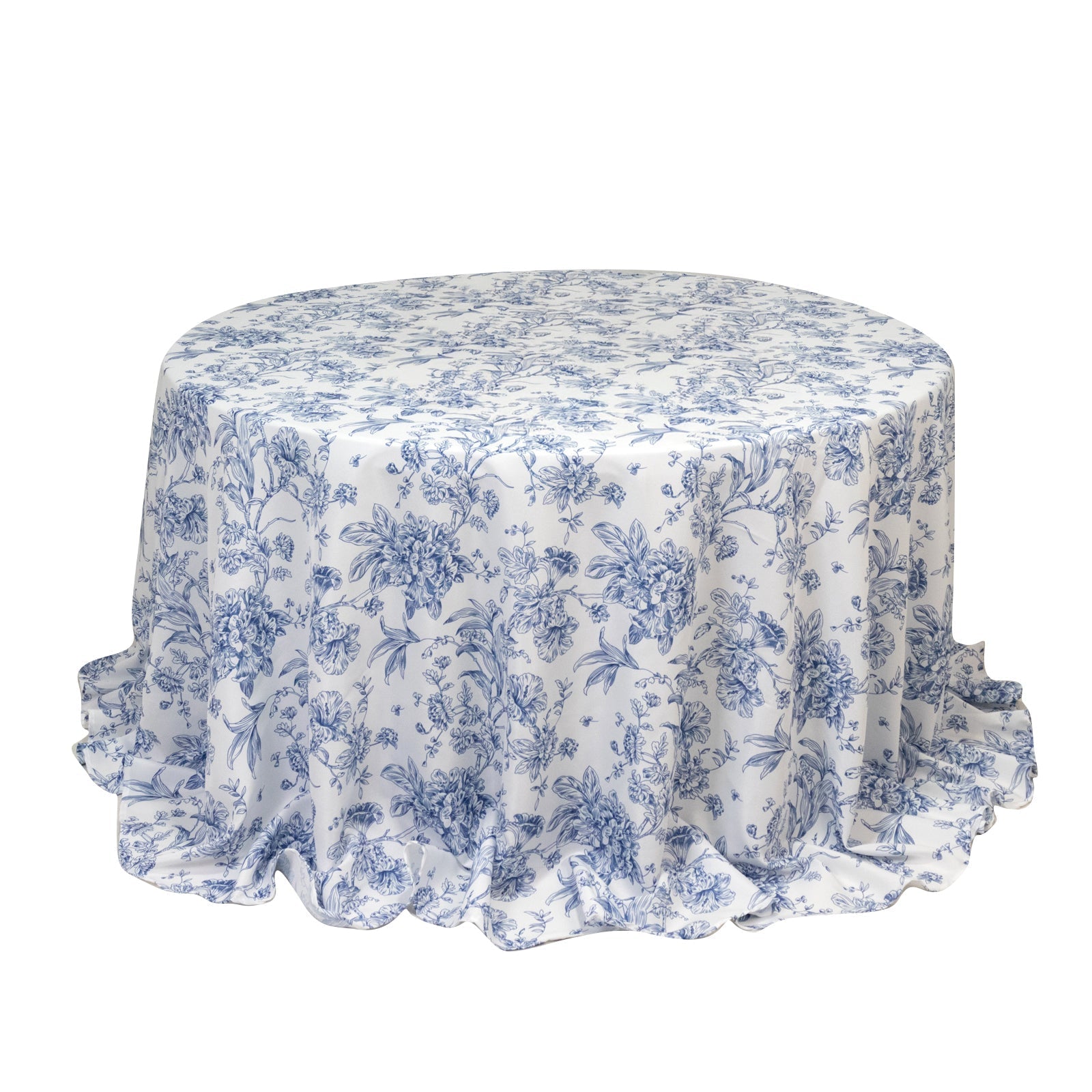Polyester 132" Round Tablecloth White - Blue French Toile Pattern for Chic Weddings - Bell Racket Store