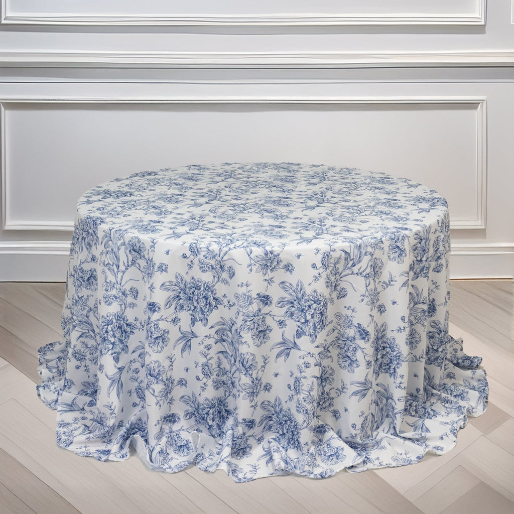 Polyester 132" Round Tablecloth White - Blue French Toile Pattern for Chic Weddings - Bell Racket Store