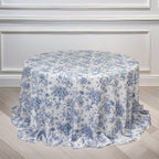 Polyester 132" Round Tablecloth White - Blue French Toile Pattern for Chic Weddings - Bell Racket Store