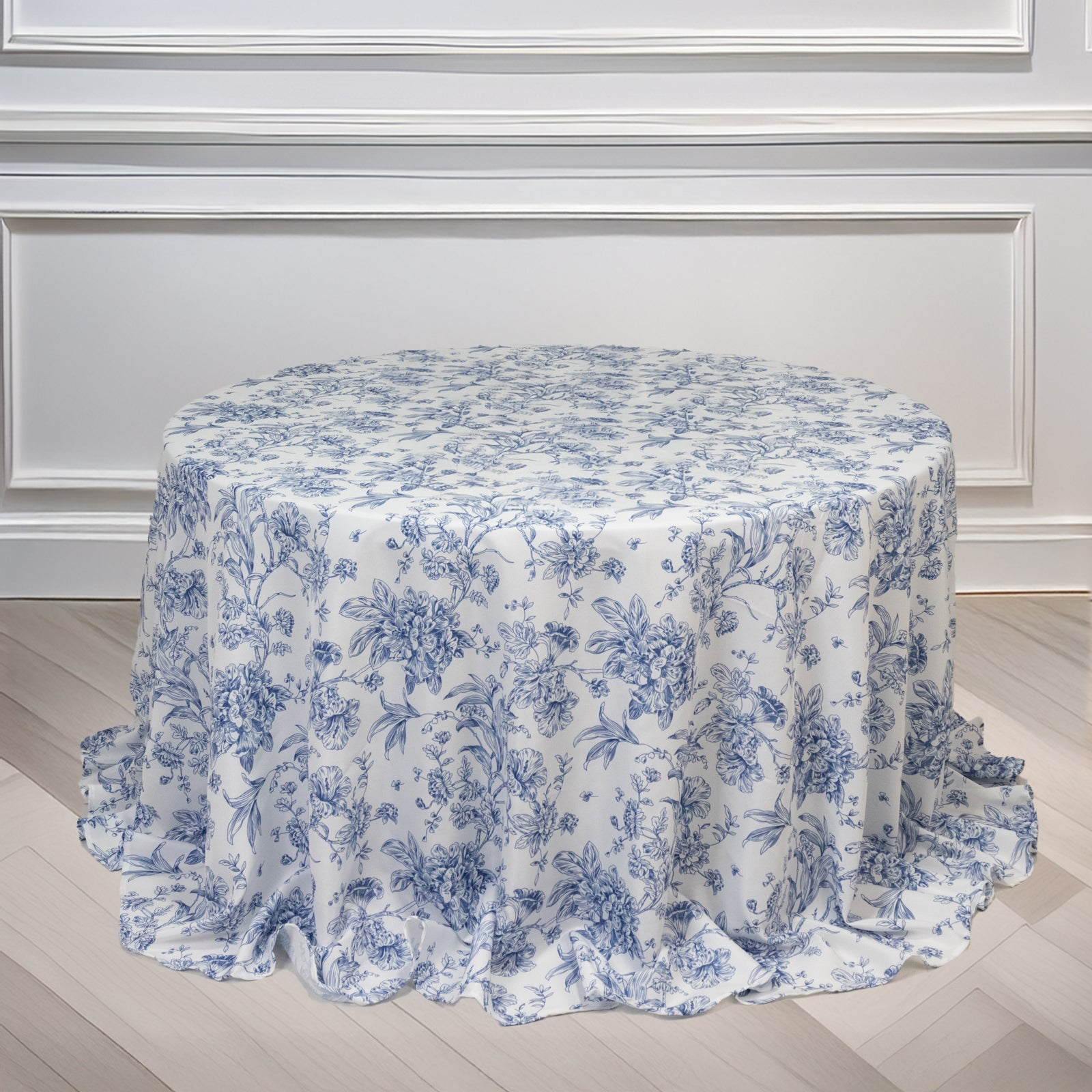 Polyester 132" Round Tablecloth White - Blue French Toile Pattern for Chic Weddings - Bell Racket Store