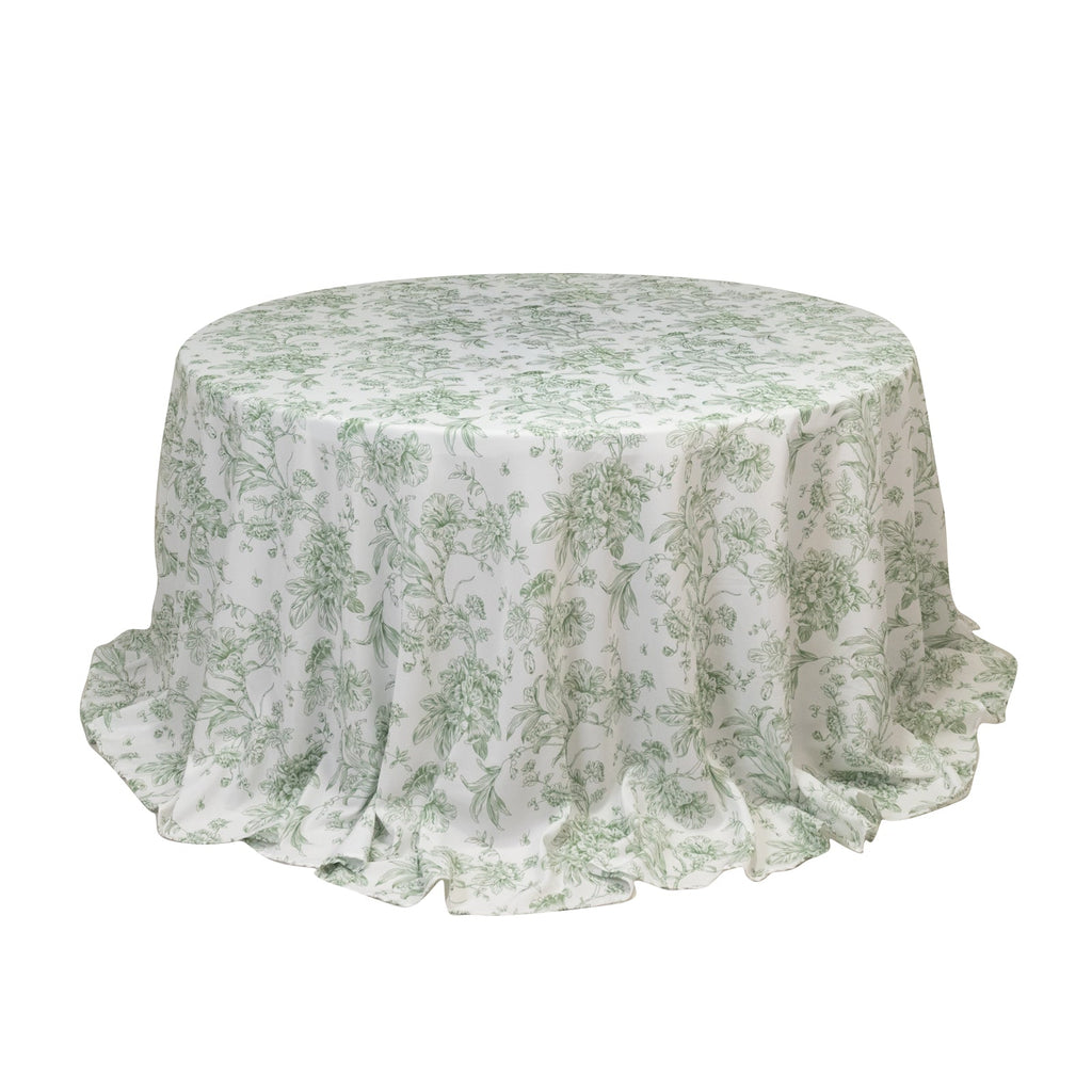 Polyester 132" Round Tablecloth White - Dusty Sage Green French Toile Pattern for Chic Weddings - Bell Racket Store