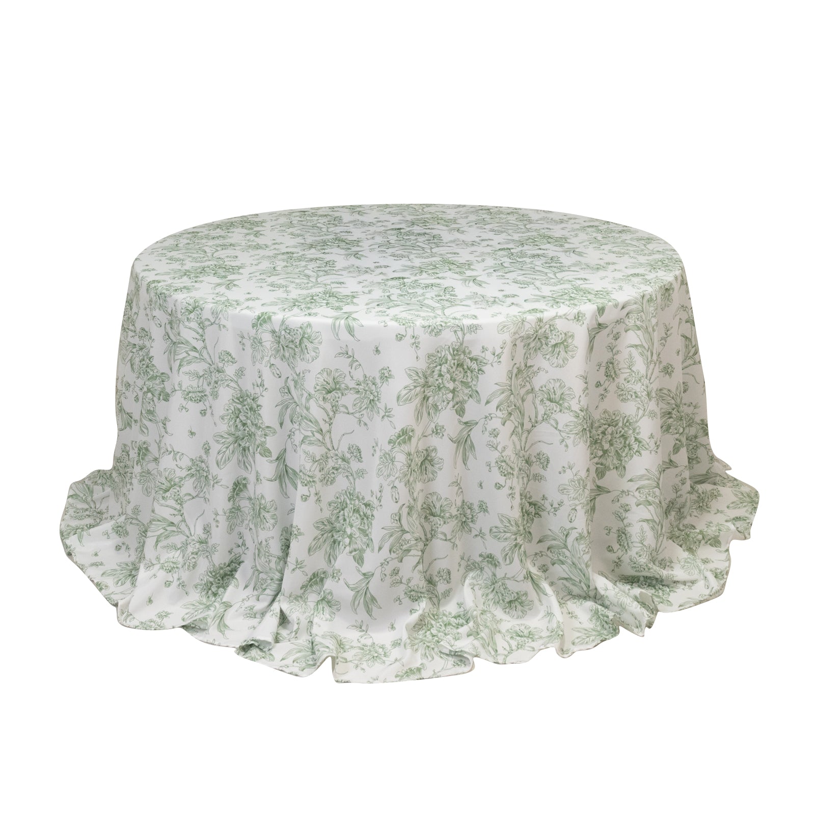 Polyester 132" Round Tablecloth White - Dusty Sage Green French Toile Pattern for Chic Weddings - Bell Racket Store