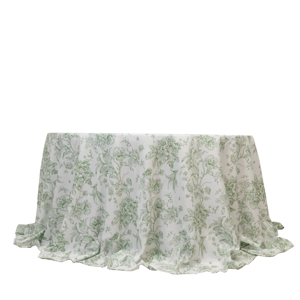 Polyester 132" Round Tablecloth White - Dusty Sage Green French Toile Pattern for Chic Weddings - Bell Racket Store