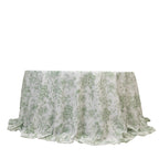 Polyester 132" Round Tablecloth White - Dusty Sage Green French Toile Pattern for Chic Weddings - Bell Racket Store