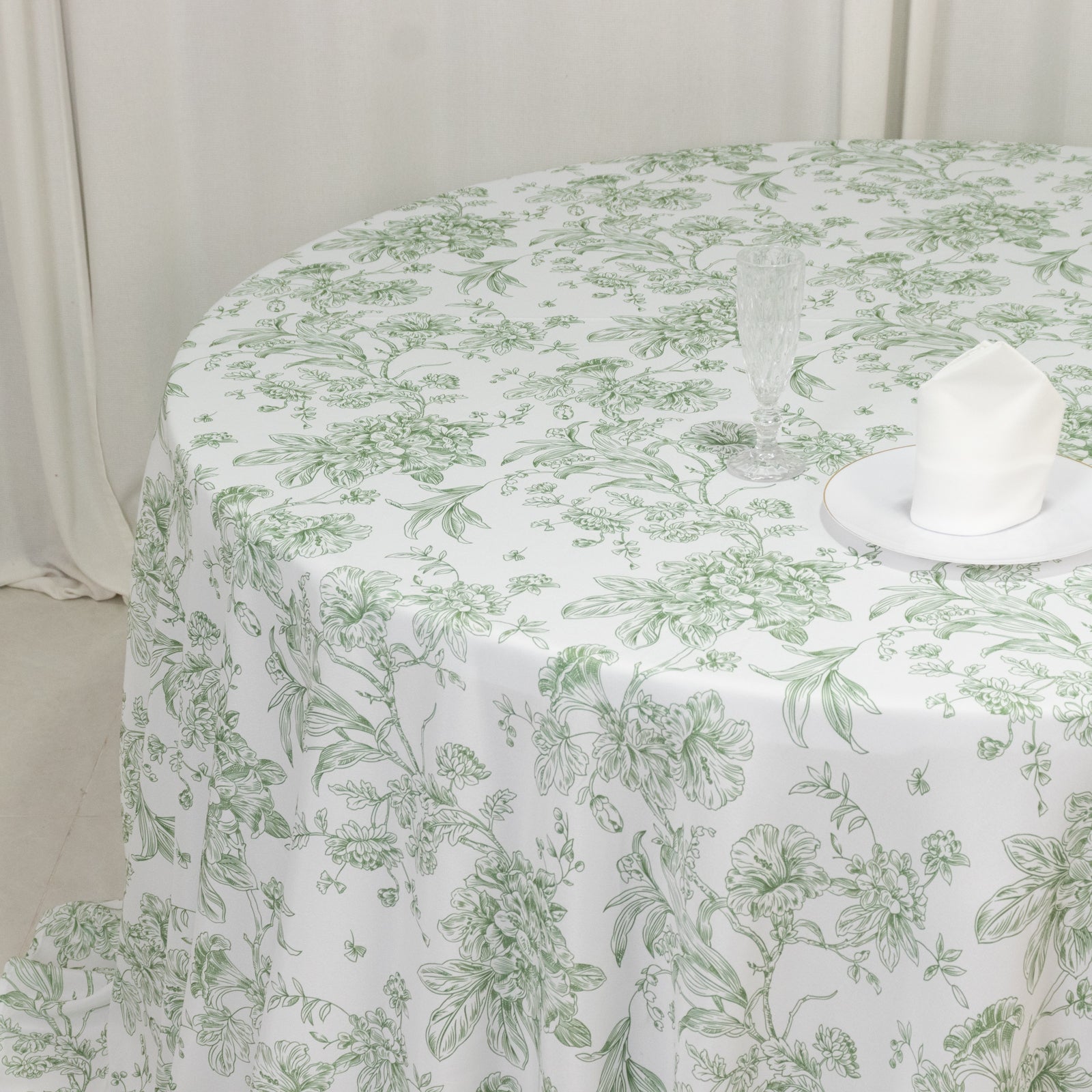 Polyester 132" Round Tablecloth White - Dusty Sage Green French Toile Pattern for Chic Weddings - Bell Racket Store