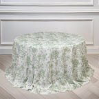 Polyester 132" Round Tablecloth White - Dusty Sage Green French Toile Pattern for Chic Weddings - Bell Racket Store
