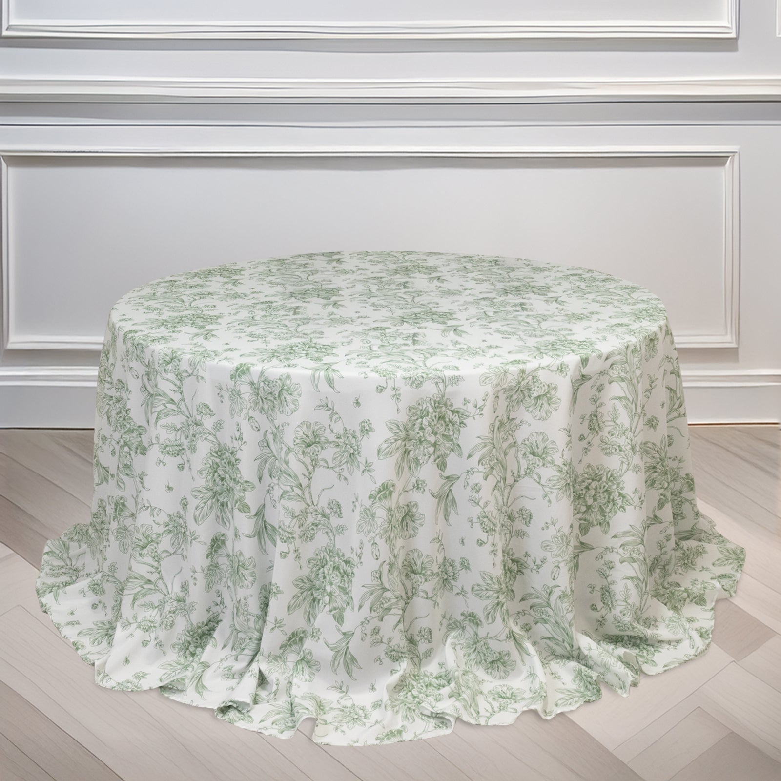 Polyester 132" Round Tablecloth White - Dusty Sage Green French Toile Pattern for Chic Weddings - Bell Racket Store