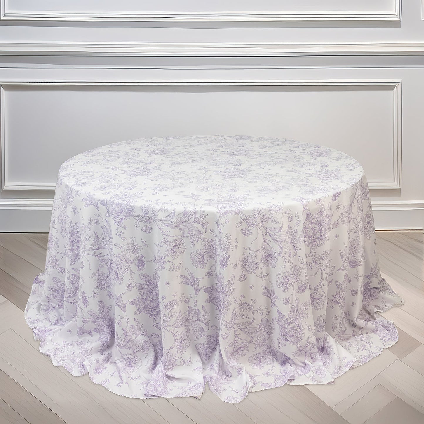 Polyester 132" Round Tablecloth White - Lavender Lilac French Toile Pattern for Chic Weddings - Bell Racket Store